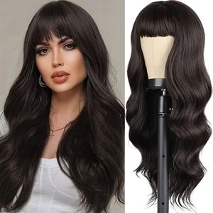 Wig with Bangs, Long Wavy Wigs for Women Synthetic Curly Wig with Bangs
